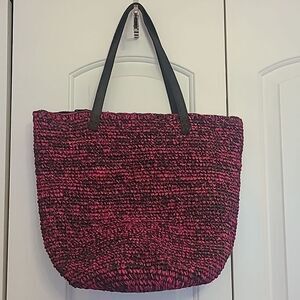 Pink and Black Woven Tote Bag Leather Handles Zip Closure